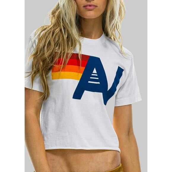 Aviator Nation Cropped AV Logo Graphic Tee White Rainbow T/Shirt Sz S - Picture 3 of 13